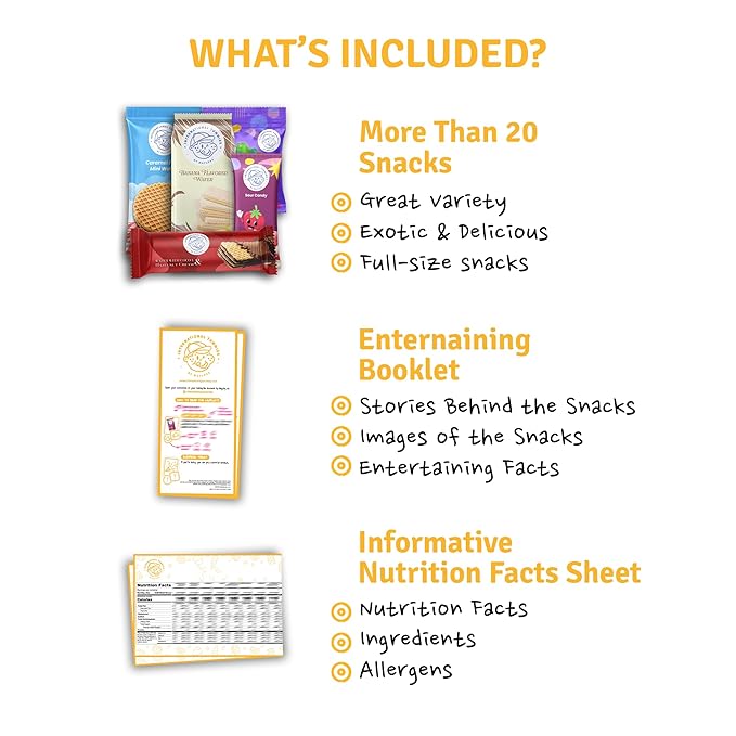 Maxi International Snack Box | Premium Exotic Foreign Snacks | Unique Snack Food Gifts Included | Saffran Yellow Theme | Candies from Around the World | 20 Full-Size + 1 Bonus Snacks