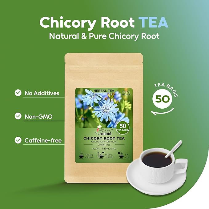 FullChea - Chicory Root Tea, 50 Teabags - Pure Chicory Root Herbal Tea - Coffee Alternative - Non-GMO - Caffeine-free - Support Liver Health & Rich in Antioxidants