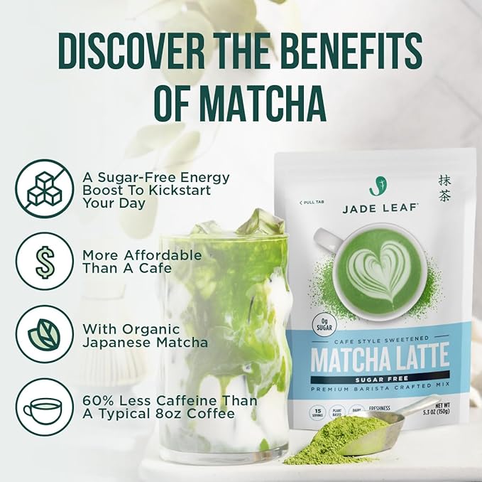Jade Leaf Matcha Organic Cafe Style Sugar Free Matcha Latte Green Tea Powder, Premium Barista Crafted Mix, Authentically Japanese, 15 Servings (5.3 Ounce Pouch) (Pack of 2)