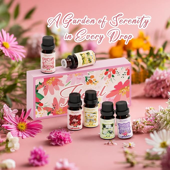 SALKING Floral Essential Oils Set, Premium Pure and Natural Essential Oils, Fragrance Oil Scented Oils for Oil Diffusers 6 x 10 ML - Lavender, Rose, Cherry Blossom, Ylang Ylang, Gardenia, Chamomile