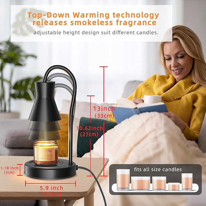 Candle Warmer Lamp with Timer and Dimmer, Vintage Electric Melter Candle with 2 Bulbs, Melter Scented Height Adjustable Compatible with Jar Candles, House Warming Gifts (Black)