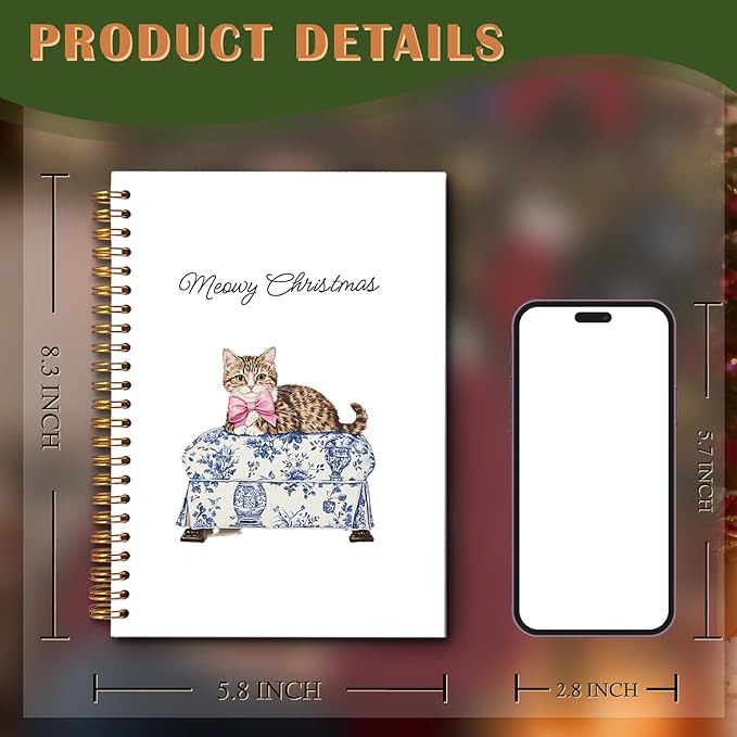 Exqcom Chinoiserie Christmas Tabby Cat Spiral Notebook Gifts, Pink Bow Blue and White Toile Tabby Cat Journal for Women, Merry Christmas Hardcover Notebook Journal Office School Supplies, 5.5x8.3 Inch