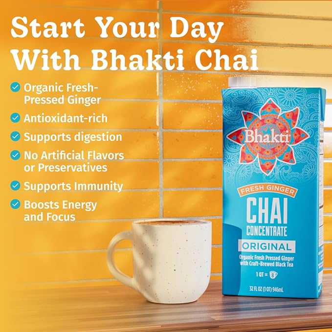Bhakti Chai Tea Concentrate | Original, Organic Fresh Ginger, Black Tea, Sweetened, Spiced, Dairy-Free, Vegan (Pack of 2)
