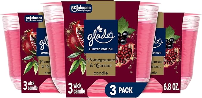 Glade 3-Wick Scented Candle Jar, Pomegranate & Currant, Air Freshener Infused with Essential Oils, 6.8 Oz, 3 Count