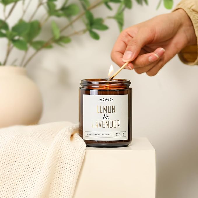 AOOVOO Lemon Lavender Scented Candle - Lavender, Soy Wax, Aromatherapy, 9oz