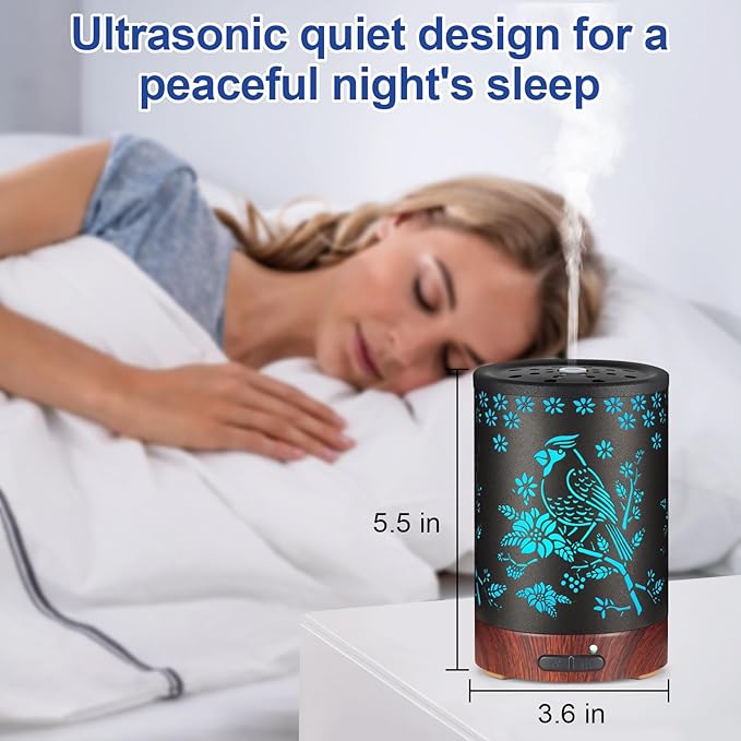 Essential Oil Diffuser- Aromatherapy Diffuser with7 Colors Light, and Auto-Off -Metal Cool Mist Humidifier for Home and Office（Red Bird）…
