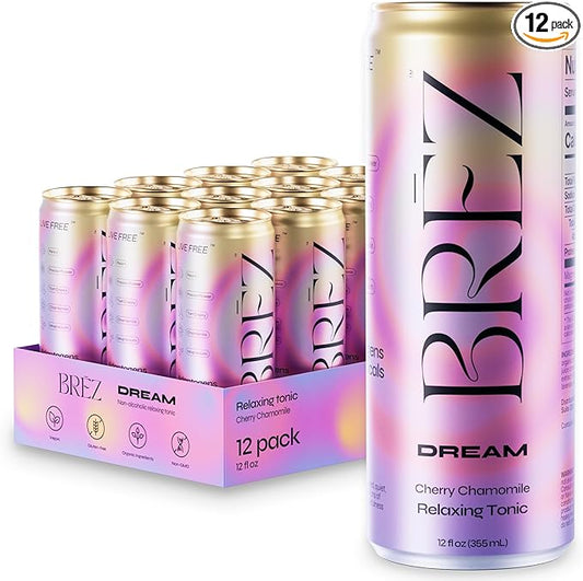 BRĒZ Dream Reishi Mushroom Drink, Non-Infused Relaxing Tonic with Reishi, Chamomile, Tart Cherry, Magnesium & L-Theanine, Vegan Adaptogen Drink for Sleep, Calm & Mood, 12 fl oz - 12 Pack