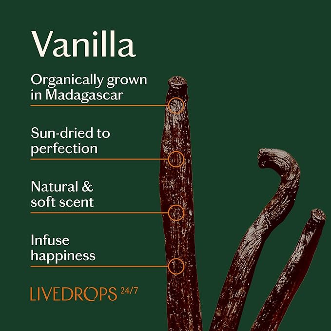 LIVEDROPS 24/7 Good Vanilla Essential Oil Blend, Natural Vegan Aromatherapy for Diffuser or Diluted Skin Use, Sweet Warm Creamy Scent, Made in France, Bottled in USA, Clinically Tested, 10ml