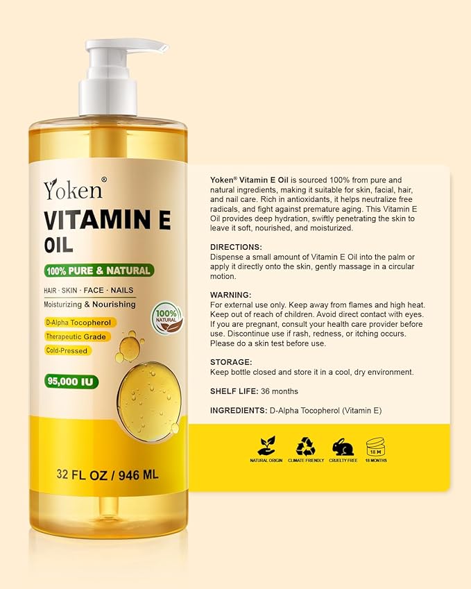 Vitamin E Oil 32 Fl Oz Organic Vitamin E oil for Skin 95,000 IU Vitamine oils for Scars Hair,Face,Nail,Scalp Perfect DIY Bath and Body Oil Cold Pressed Hexane Free Non-GMO Gluten Free Formula