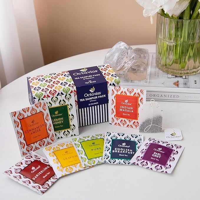 Octavius Tea Sampler Pack | 8 Assorted Black & Green Teas | 32 Teabags | Tea Sampler Variety Pack | Pack of 6 | Mothers Day Tea Gift Box