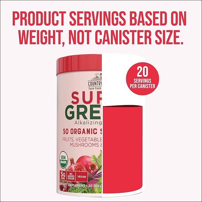 Country Farms Organic Super Greens Berry Flavor, 50 Organic Super Foods, Packed with Fiber, USDA Organic Drink Mix, Fruits, Vegetables, Mushrooms & Probiotics, Supports Energy, 5g Fiber