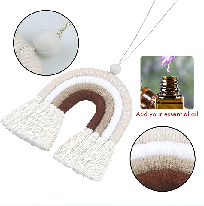 BOHO GARDEN Macrame Bohemian Rainbow Charm - Essential Oil Diffuser for Cars, Baby Nursery, Children’s Bedroom & Home Decor- Colorful Decorative Hanging Air Freshener & Accessories - 3.5x4 - Latte