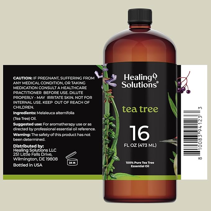 Healing Solutions Tea Tree Essential Oil Bulk, 16oz - 100% Pure Large Bottle of Tea Tree Oil for Shampoo, Hair, Soap, Spray, Skin - Large Tea Tree Oil - Big Bottle of Tea Tree Oil - Tea Tree Lotion