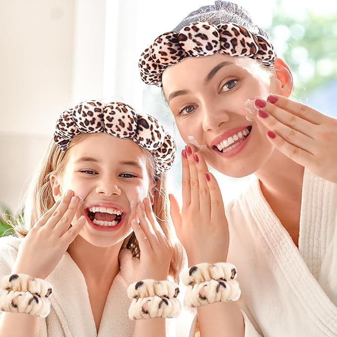 Zkptops Spa Headband for Washing Face Wristband Set Sponge Makeup Skincare Velvet Fabric Bubble Soft Get Ready Hairband for Women Girl Puffy Padded Headwear Non Slip Thick Hair Accessory(Leopard 1)