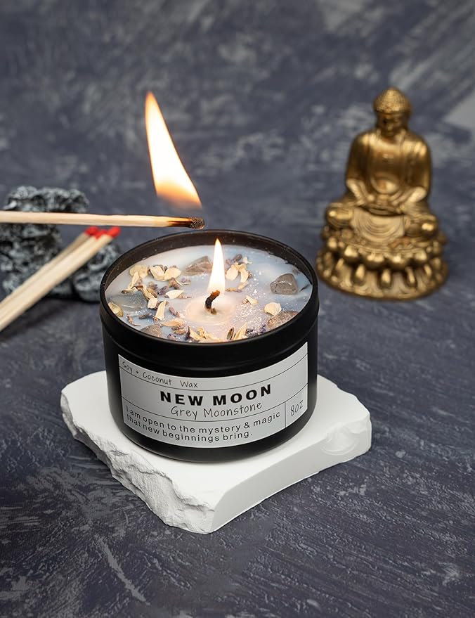 New Moon Gray Moonstone New Beginnings Ritual Energy Gift Grounding Manifestation Intention De-Stress Good Fortune Success Protection Meditation Magic Hande Made Candle(8oz).