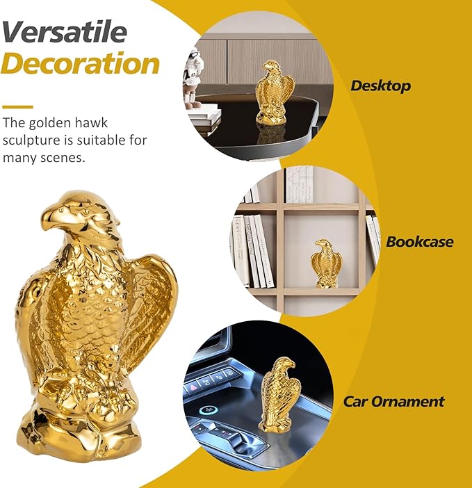 Golden Hawk Statue, Eagle Birds Figurine Home Decor, Modern Elegance Hawk Sculpture Office Home Decoration - Small Mini Wild Animal Gold Eagle for Desktop & Car Visit The Store