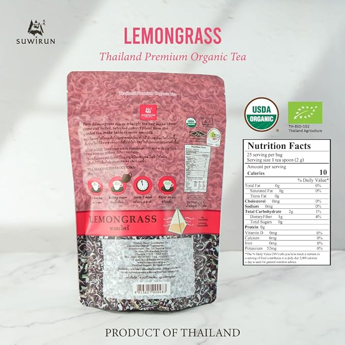 Suwirun Organic Lemongrass Tea 25 Bags – Product of Thailand – Citrusy & Refreshing Herbal Tea, Caffeine-Free, No Calories, Soothes Throat & Aids Digestion, Enjoy Hot or Cold