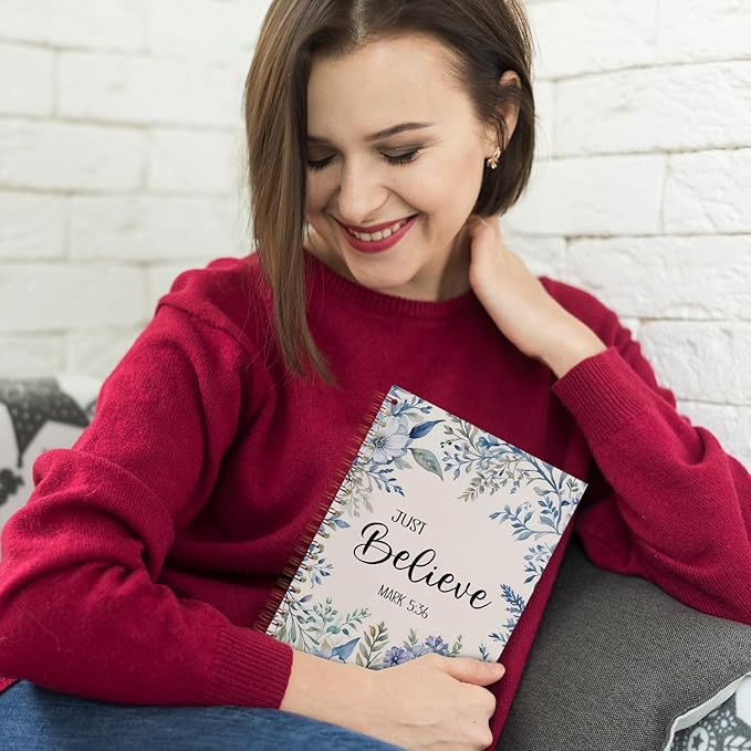 Floral Christian Spiral Notebooks, Just Believe Mark 5:36 Bible Journal, Scripture Journals for Writing, Christian Gifts for Women, Religious Notebook for Note Taking, 5.5x8.3 Inch