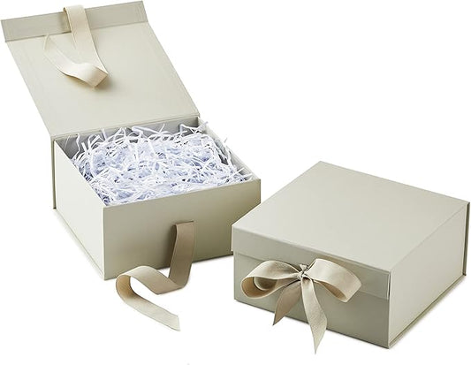 Hallmark Medium Gift Boxes with Bow and Shredded Paper Fill, Pack of 2 (Antique White 8 inch Box) for Weddings, Bridal Showers, Graduations, Birthdays, Bridesmaids Gifts, All Occasion