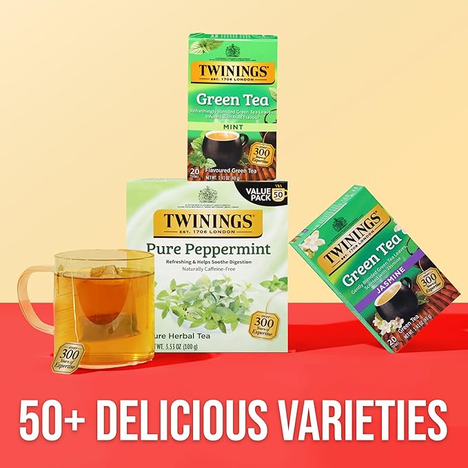 Twinings Green Tea with Mint Individually Wrapped Bags, 20 Count (Pack of 6), Invigorating Aroma, Caffeinated, Enjoy Hot or Iced, 120 Teabags