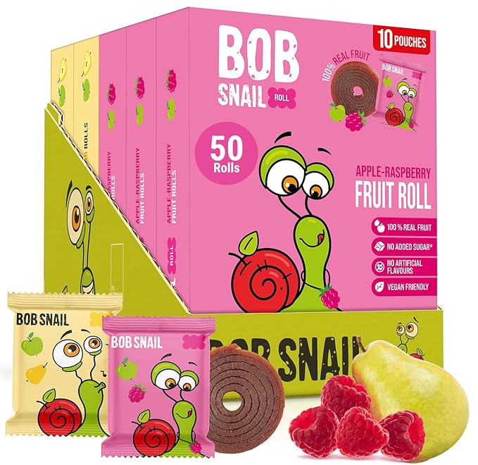 Bob Snail Exotic Mix Fruit Roll Ups – Healthy Sweets, Real Dried Fruits Snacks, No Added Sugar, Vegan, Nut Free, Candy for Adults and Kids – Pear and Raspberry Flavour 50 pcs, 500g