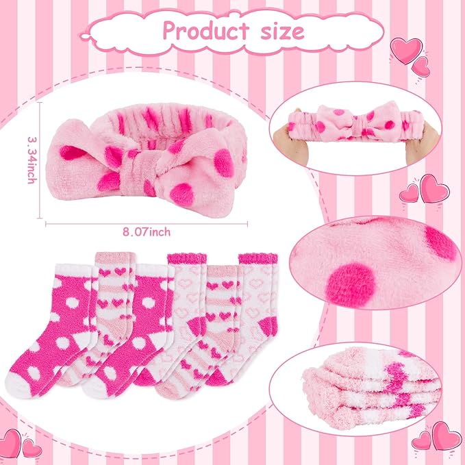 ANBALA 6 Soft Spa Headband and 6 Fuzzy Socks Spa Party Supplies Stuff Accessories for Slumber Party (Pink)