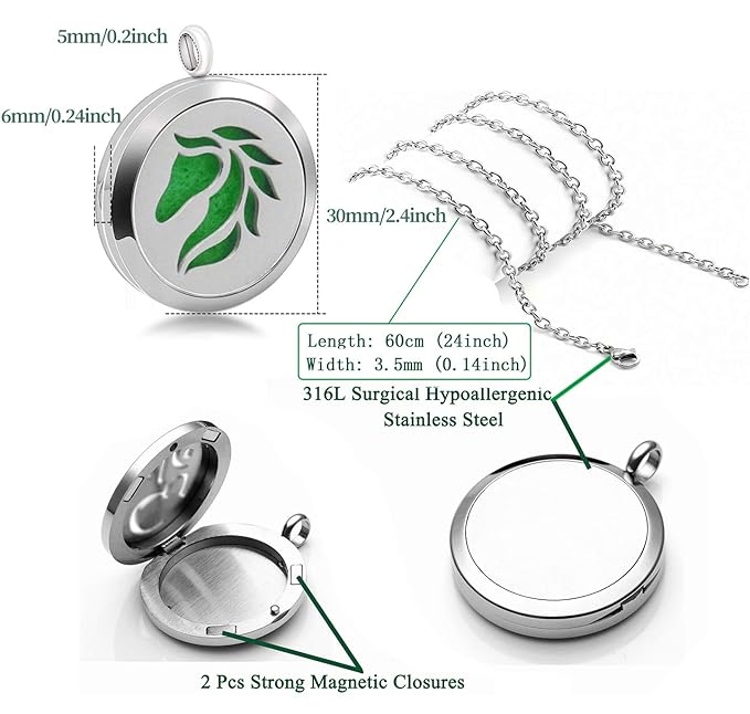 Essential Oil Diffuser Necklace Aromatherapy Jewelry Stainless Steel Horse Animal Locket Pendant with 24 inch Chain 8 Pads Birthday Christmas Jewelry Gift for Women Men