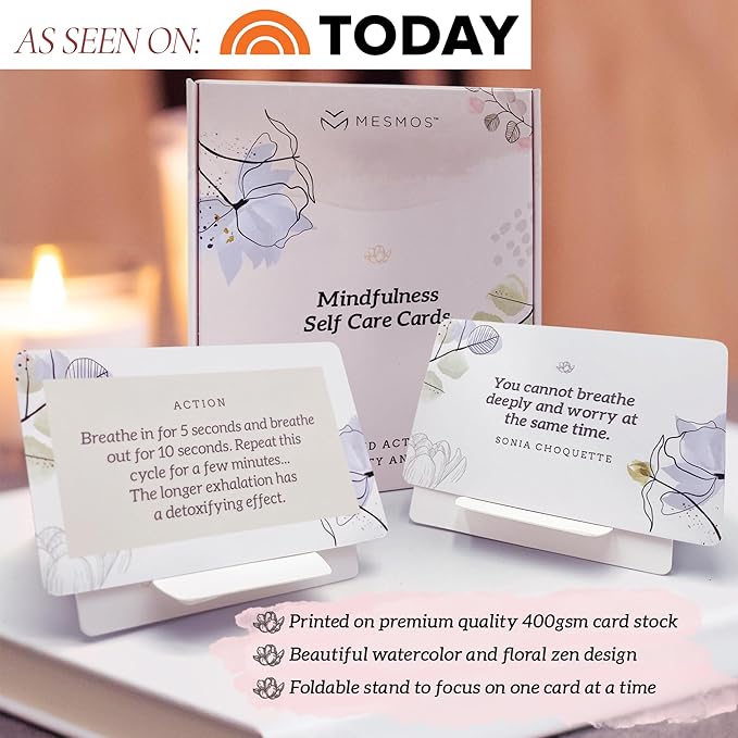 MESMOS 52 Mindfulness Cards with Action Plans. Relaxation Stress Relief Gifts for Women, Positive Affirmation Cards, Anxiety Relief Items, Meditation Self Care Kit, Relaxing Spiritual Gifts for Women