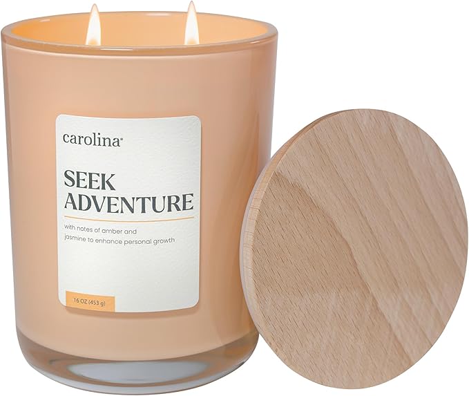 Carolina Seek Adventure Scented Candle, 16 oz Amber & Jasmine Scented, 2 Wick Wellness Relaxing Candle, 60H Burn Time, Ideal for Creating a Welcoming Home - Made in The USA