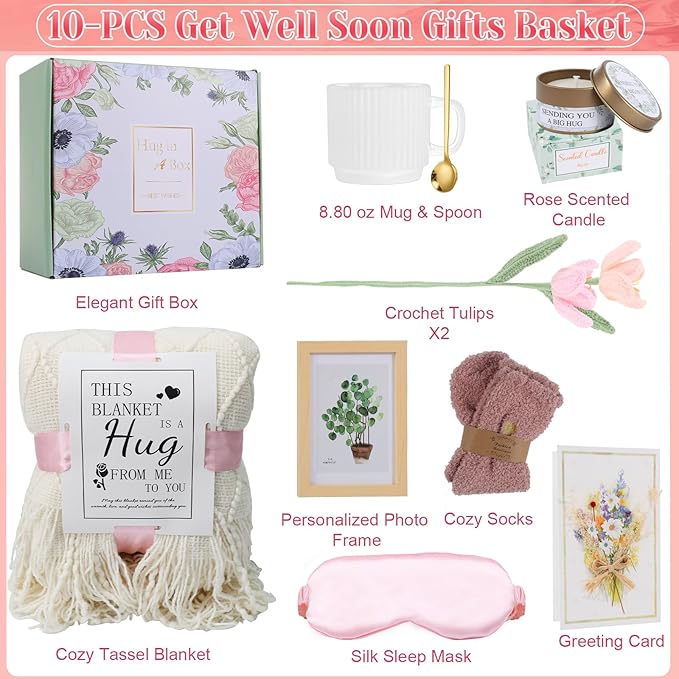 Get Well Soon Gifts for Women Sympathy Gift Baskets Thinking of You Self Care Package Feel Better After Surgery Gifts Tassel Blanket Appreciated Birthday Gifts for Women Sister Friend Mom Daughter