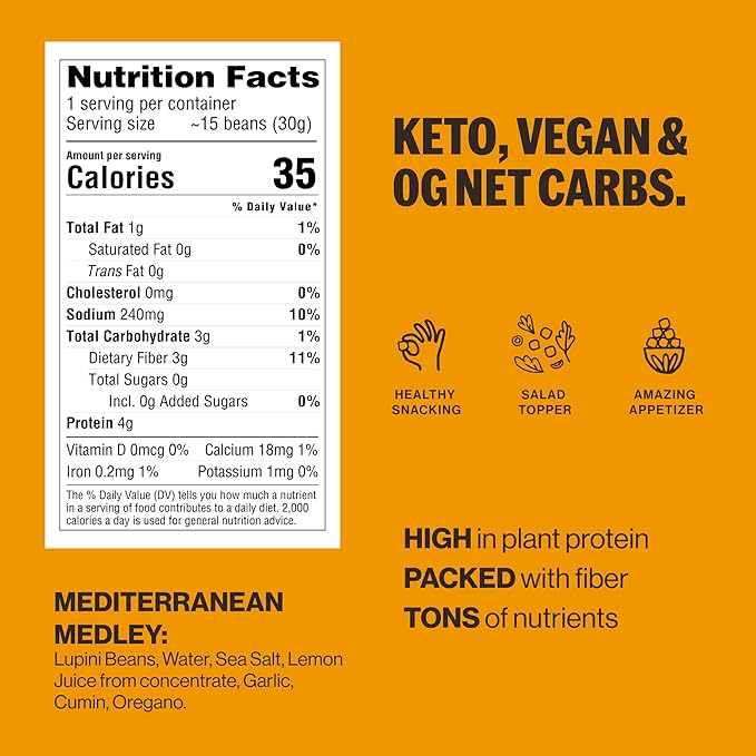 Brami Lupini Beans Snack, Mediterranean Medley | 7g Plant Protein, 0g Net Carbs | Vegan, Vegetarian, Keto, Plant Based, Mediterranean Diet | 1.1 Ounce (Pack of 8)
