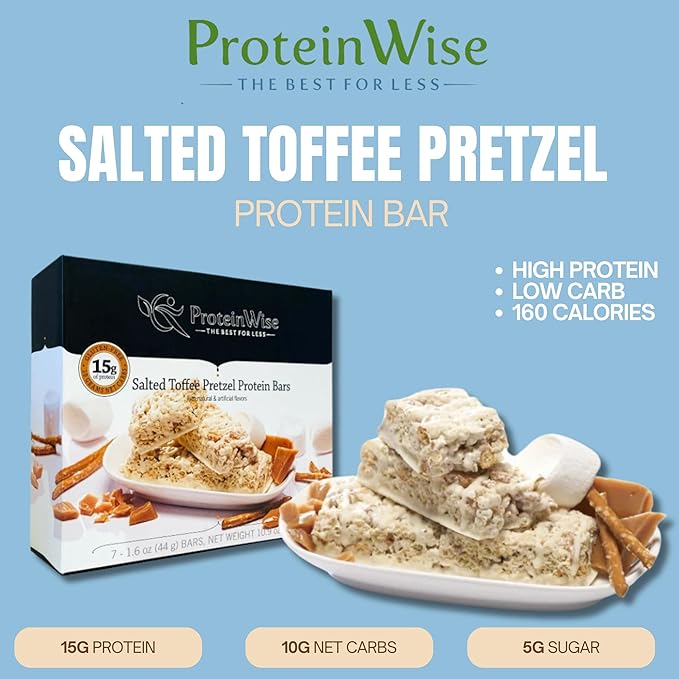 PROTEINWISE - Salted Toffee Pretzel Protein Bars, High Fiber, High Protein Low Carb Snacks for Weight Loss – Healthy Snack Bars, Low Calorie, Diet-Friendly, Trans Fat-Free, 7 Servings/Box