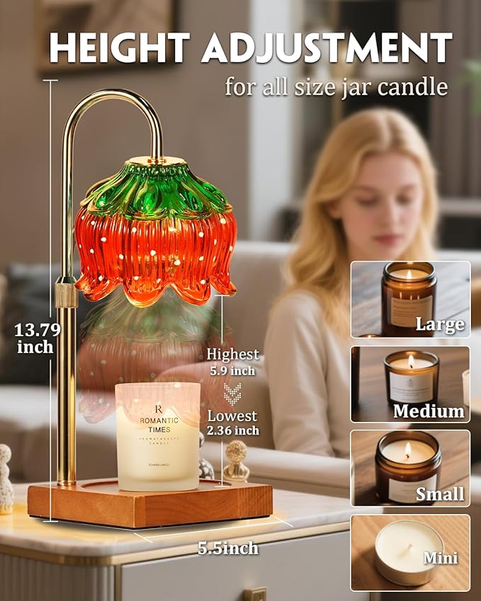 Candle Warmer Lamp with Timer Dimmable, Height Adjustable Birthday Gifts for Women Mom House Warming, Home Decor, Lotus Flower Candle Lamp Warmer 2 Bulbs Inc (Strawberry)