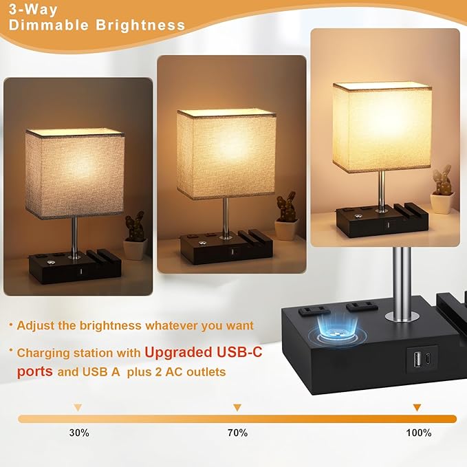 Kakanuo Nightstand Lamp for Bedroom with Dual USB Ports, Grey Touch Control Bedside Table Lamp with Charging Outlets and Phone Stands, 3-Way Dimmable Desk Lamp for Living Room, LED Bulb Included