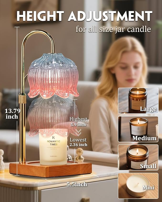 Candle Warmer Lamp with Timer Dimmable, Height Adjustable Birthday Gifts for Women Mom House Warming, Home Decor, Lotus Flower Candle Lamp Warmer 2 Bulbs Inc (Blue Pink)