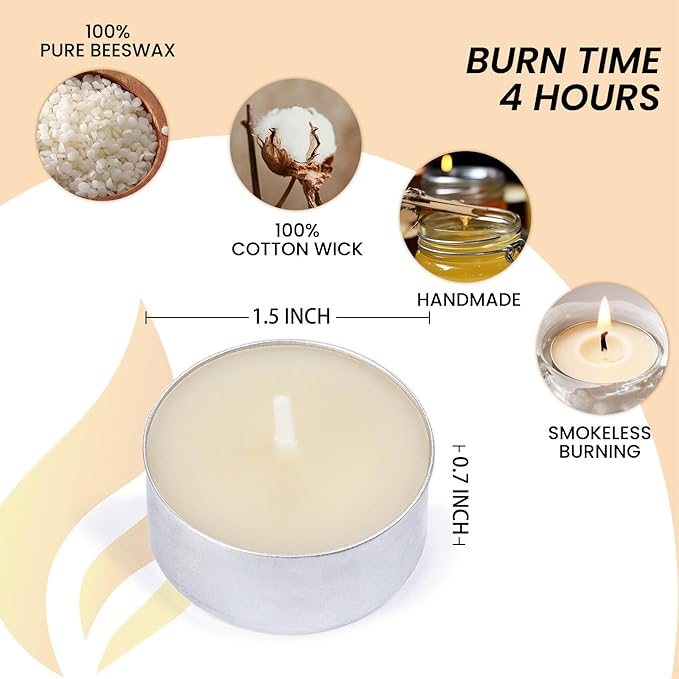 25-Pack Pure Beeswax Tealight Candles in Aluminum Cups - 4-5 Hour Burn Time, Lead-Free Cotton Wick, Natural Unscented Candles，White