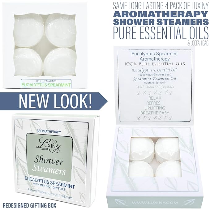 Eucalyptus Shower Steamer Aromatherapy in Your Shower, American Made by Luxiny, Shower Bomb Tablets Melt to Release a Vapor for Natural Stress Relief - Pack of 4 XL Steamers (Eucalyptus Spearmint)