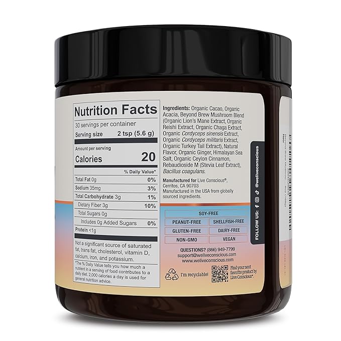 Live Conscious Beyond Brew - Superfood Coffee Alternative - Low Caffeine - Lion’s Mane, Reishi, Cordyceps & Chaga for Sustained Focus, Energy & Immunity - w/ Prebiotics & Probiotics Supports Gut Health 6 oz (2-Pack)