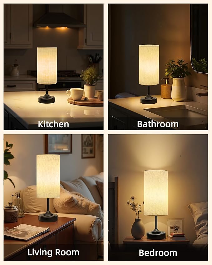 Battery Operated Lamp, Dimmable, 2700K, Timer, Touch Control, Portable, LED, Wireless, Rechargeable, Cordless, Desk Lamp, Kitchen Lamp, Fabric Shade, for Dining Room, Bedroom, Living Room, Dorm