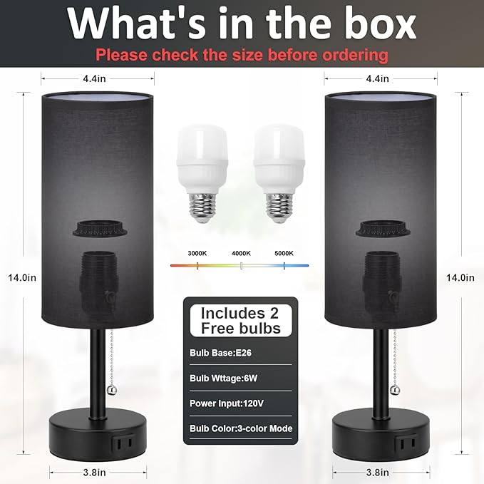 Fenmzee Black Bedside Table Lamps Set of 2-3 Color Temperatures Pull Chain Lamp with AC Outlet Charging Port, Round Night Stand Lamps for Bedroom Office, Small Bed Side Light with E26 LED Bulbs