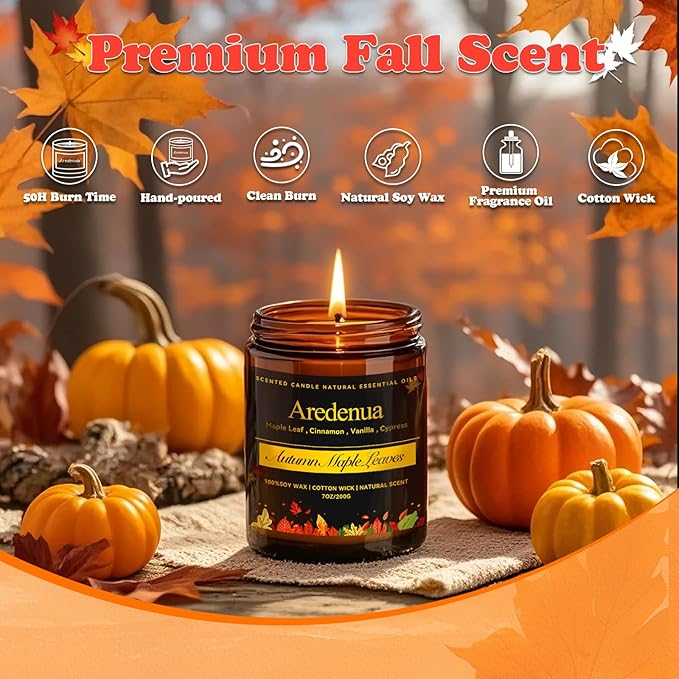 Fall Candles - Autumn Leaves Candle | Autumn Scented Candles for Home, 7oz Autumn Soy Candle for Home Scented, 50 Hours Burn Time, Season Celebration/Halloween/Thanksgiving Fall Gifts for Women Men