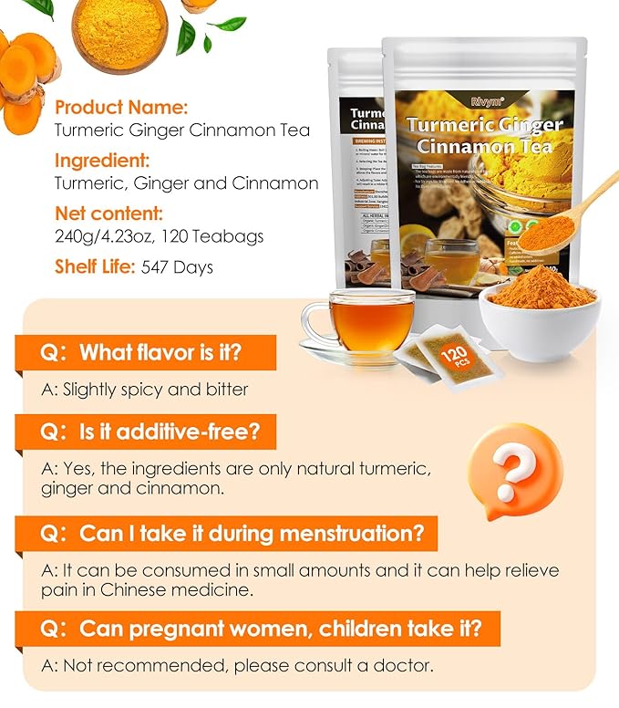 60Pcs Turmeric Ginger Cinnamon Tea, Natural Turmeric Herbal Tea, Improve Digestion, Support Skin, Sleep, Eco-Conscious Teabags, No Sugar, No Caffeine, No Gluten
