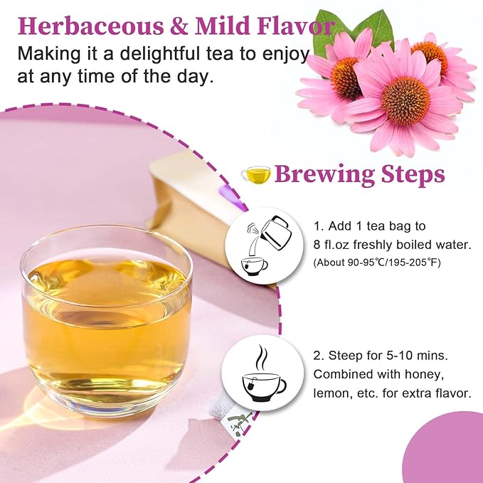 FullChea - Echinacea Tea Bags, 50 Count, 2g/bag - Premium Echinacea Purpurea Herb - Non-GMO - Caffeine-free - Aid Digestion & Boost Immunity