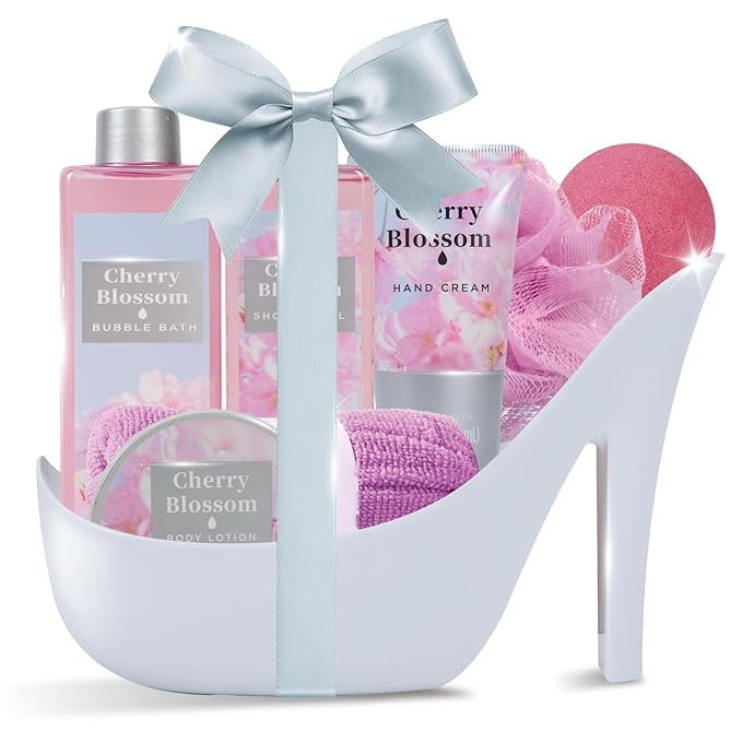 Cherry Blossom Gifts for Women Spa Basket, High Heel Bath Set with Shower Gel & Bath Bombs, Mother's Day Birthday, Anniversary Gifts for Mom, Sister, Bestie