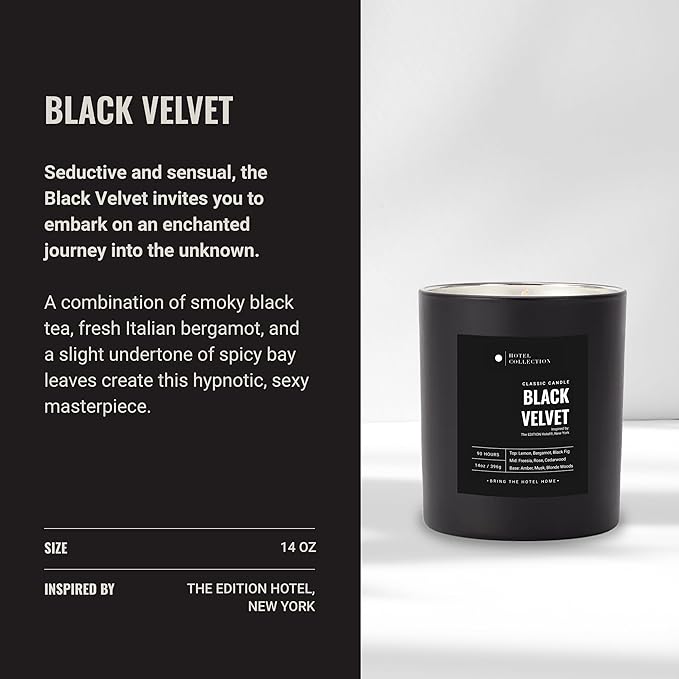 Hotel Collection - Black Velvet Single Wick Classic Candle - Hotel Inpsired Luxury Candle - 90 - Hours Burn Time - Hints of Blonde Woods, Rose, and Black Fig - 14 oz - Black