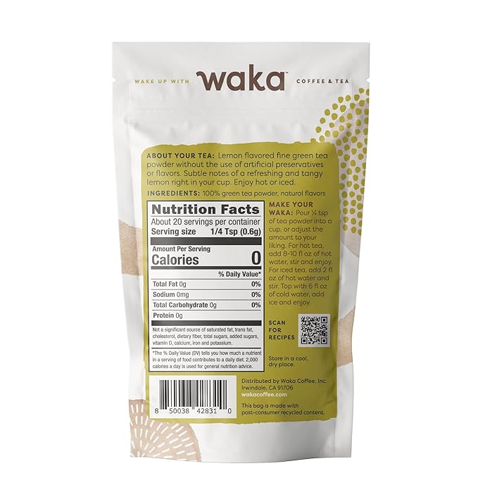 Waka Instant Green Tea Mix, Lemon Flavored - 100% Tea Leaves, No Additives, Unsweetened Sample/Travel Size Tea Powder - Easy Quick Hot and Iced Teas, Up to 20 Cups or 5 Quarts (.45oz)