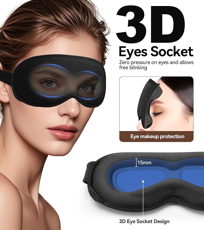 3D Contoured Sleep Mask, Light Blocking Eye Masks for Sleep, Breathable and Washable Sleeping Mask for Women Men, Adjustable Sleeping Eye Mask for Travel, Nap, Car and Office