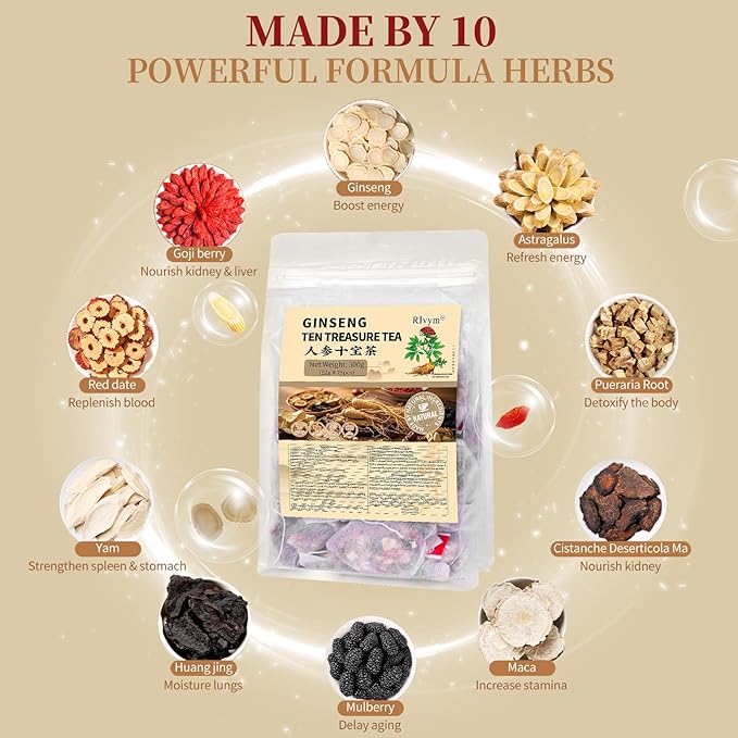 25Pcs Ginseng Ten Treasures Tea, Chinese Traditional Kidney Care Herbal Tea, Natural Kidney Cleanse Detox Tea for Women & Men, 10 Precious Ingredients Formula(25Bags, 300g)