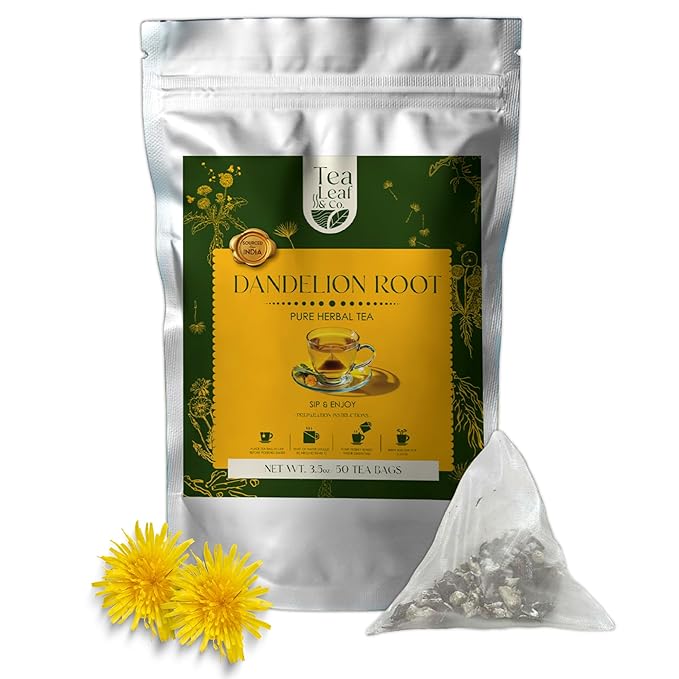 Tealeaf & Co. Dandelion Root Tea with Dried Dandelion Root Extract - Pure Herbal Tea Bags Blended with Fresh Herbs - Flavored Herbal Blend - Low Caffeine - Gluten Free - 50 Teabags