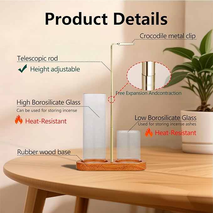 2 in 1 Incense Holder for Sticks(Height Adjustable), Anti-Ash Flying Insence-Sticks Burner with Glass Incense Holder Organizer for Meditation Yoga Spa Home Decor Sage (Golden Metal Rod)